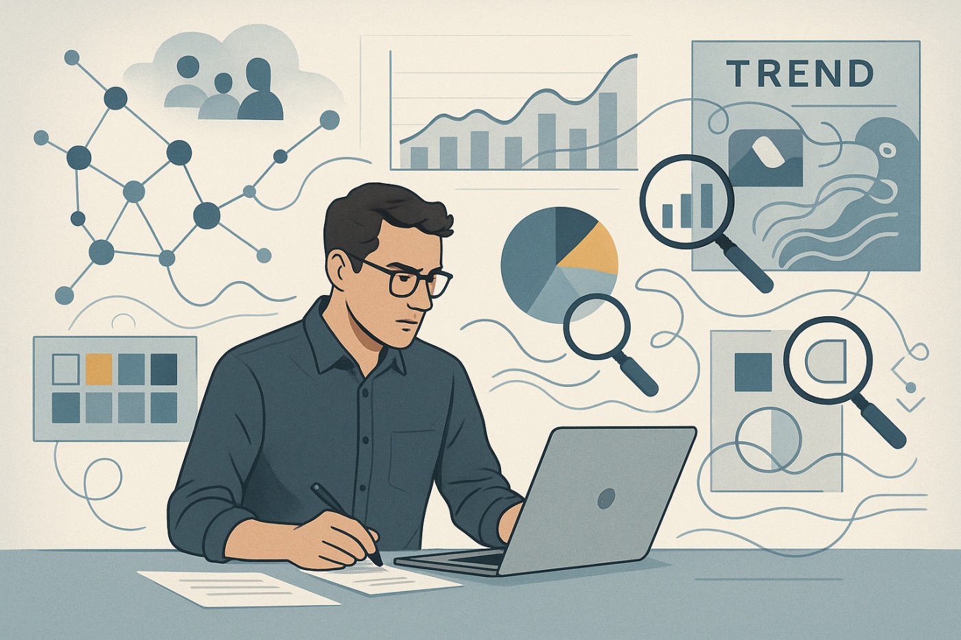 técnicas de investigación en diseño, análisis de tendencias, metodologías de diseño, investigación visual, big data en diseño, análisis semiótico, tendencias estéticas, investigación etnográfica, inteligencia artificial en diseño, predicción de tendencias